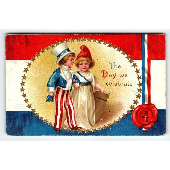 4th Of July Postcard Boy Dressed As Uncle Sam Celebrate Ellen Clapsaddle Germany - Picture 1 of 3